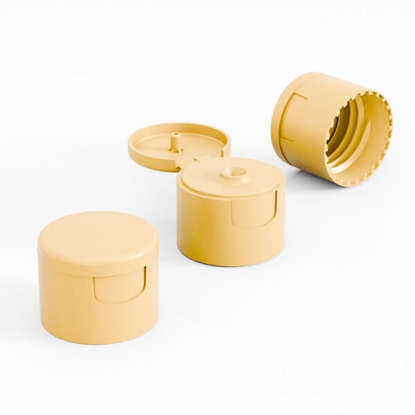 Three beige 28mm PP flip top caps for body milk on a white surface, one open showing ridged interior.