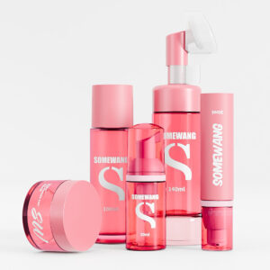 The SOMEWANG collection features pink skincare products in unique bottles and jars, including a 30ml foam pump bottle.