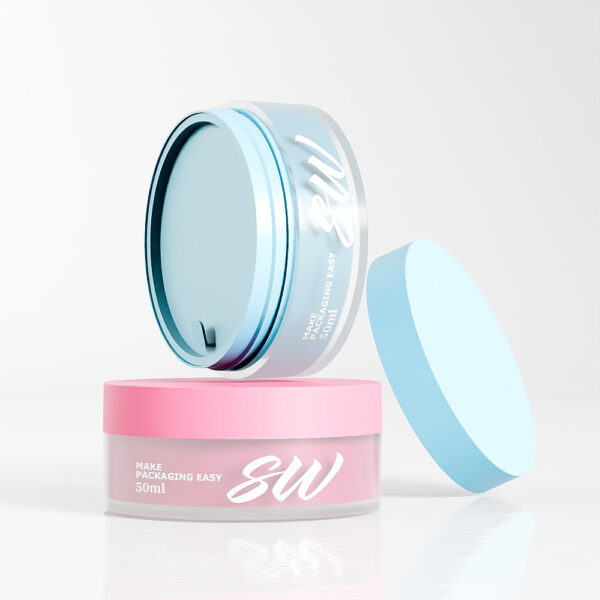 Open a pink and blue "SW" cosmetic jar, the "AS-JP50AFE 50g PP," on a reflective surface to highlight its versatile design.