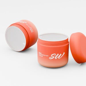 Dwa pomarańczowe pojemniki; jeden z pokrywką obok. Widoczny, oznaczony jako „SW” i „Make Packaging Easy, 250ml”, przypomina słoik SWC-JP250BD.