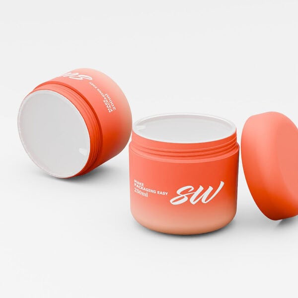 Two orange containers; one with a lid beside it. The visible one, labeled "SW" & "Make Packaging Easy, 250ml," resembles an SWC-JP250BD jar.