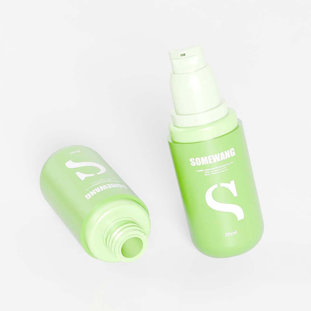 Two elegant 30ml green bottles with white text and airless pump: one upright, the other lying cap off.