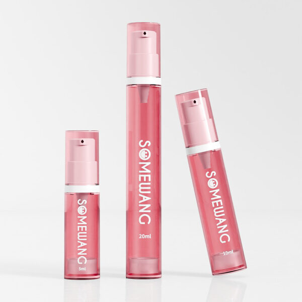 Drie roze SOMEWANG 5/10/20ml AS Material Airless pompflacons, gerangschikt op een witte achtergrond, combineren duurzaamheid met chique stijl.