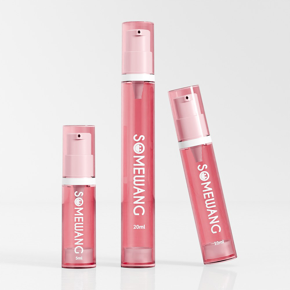 Three pink SOMEWANG 5/10/20ml AS Material Airless Pump Bottles, arranged on a white background, blend durability with chic style.