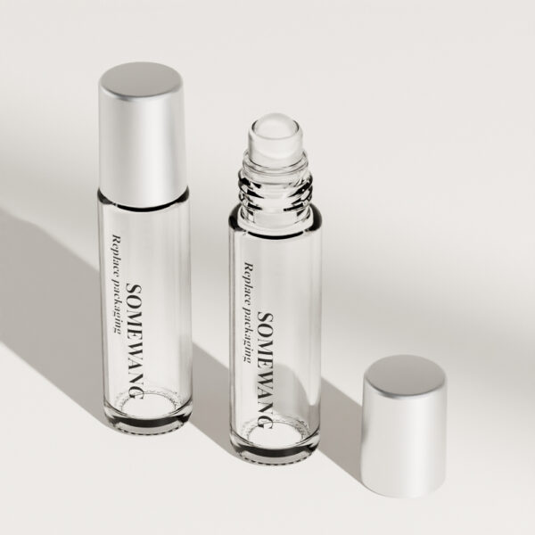 Two 10 ml clear Essential Oil Glass Bottles, one open and one closed, silver caps, labeled "SOMEWANG Repair the bulking.