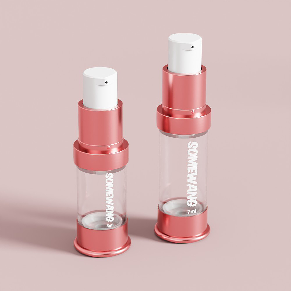 Two clear spray bottles, labeled 5 ml and 7 ml, with rose gold accents stand on a pink background. They feature the "SOMEWANG" brand's sleek design.