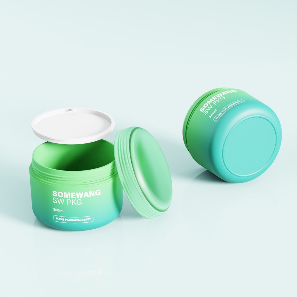 Deux pots de crème verts en PP de 340 ml : l'un ouvert, l'autre fermé. Tous deux étiquetés « SOMEWANG SW PKG », parfaits pour les crèmes.