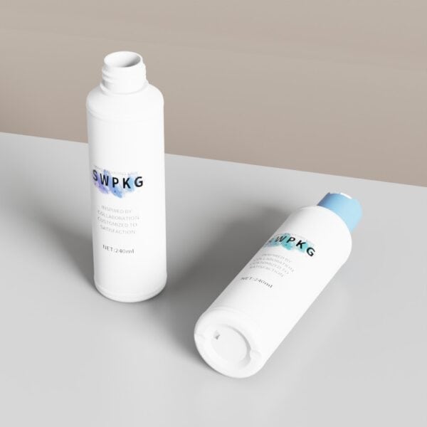 Two 240ml PE Cylinder Bottles—one upright, one lying down—on a minimalist surface.