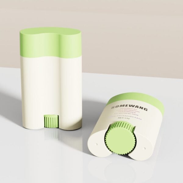 Two 21g PP deodorant containers, one green and one white, stand upright and on their side on a white surface.