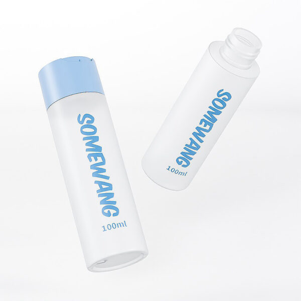 Two "Wholesale 100ml White PE Flat Shoulder Bottles" with blue caps and "SOMEWANG" text, one upright and the other tilted open.