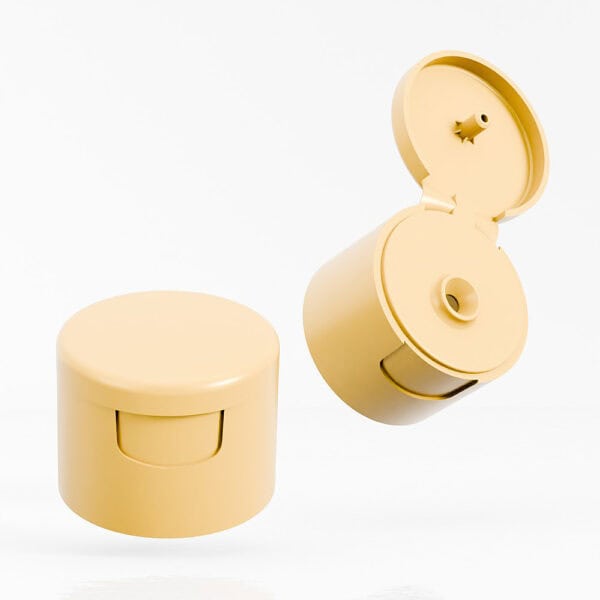 On a white background, there are two beige plastic bottle caps: a PP 28mm flip top for body milk, one open and one closed.