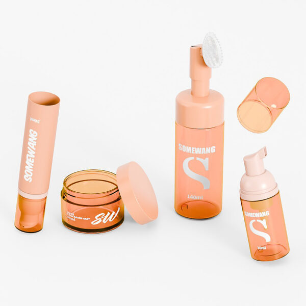 This pink skincare set features a 30ml foam pump bottle, jar, bottle, and cylindrical case, all with white text.