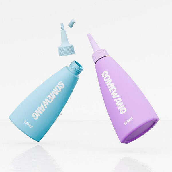 Two sleek 150ml white bottles labeled "Somewang" in blue and purple float gracefully against a pristine white background.