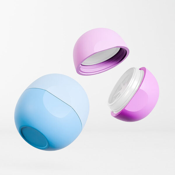 The image shows SWC-CLI008A 8g ball-shaped lip balm containers in pastel blue, pink, and purple, split against a plain background.