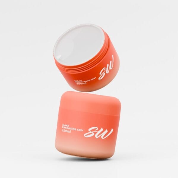 Two red-orange containers labeled "SWC-JP200BD/SWC-JP250BD" float on a white background, resembling a cream jar design.