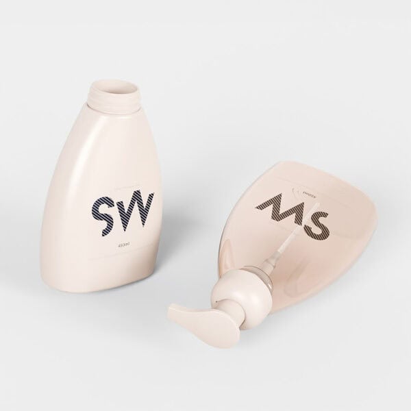 Two beige lotion bottles: a 300ml SW upright HDPE bottle and a 90ml version with a visible pump on its side.