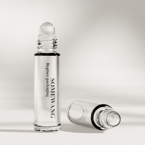 Two 10 ml Essential Oil Bottles are shown: one upright, one lying down. Both have roller balls and are labeled "SOMEWANG Replace packaging.