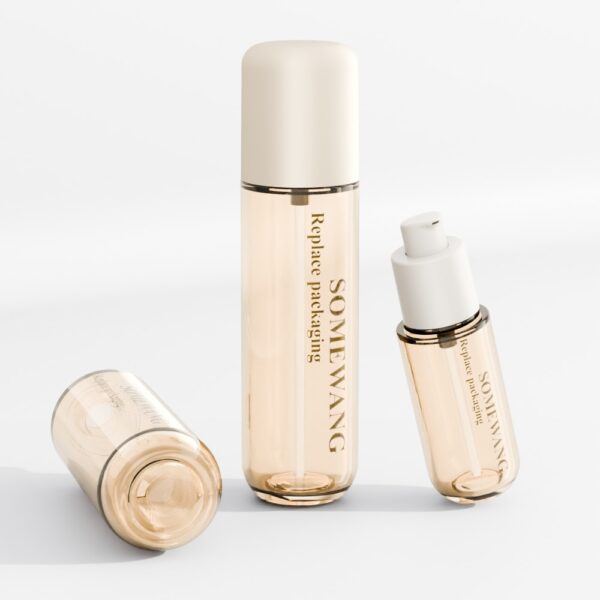 Bộ ba chai đựng kem dưỡng da "SOMEWANG" (30–120ml, nắp trắng) có bao bì cao cấp—hộp đựng chăm sóc da tùy chỉnh lý tưởng.