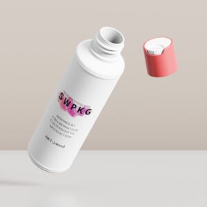 흰색 바디와 분홍빛 흰색 캡이 달린 240ml SWPKG PE 병이 중립적인 배경 위에 떠 있습니다.