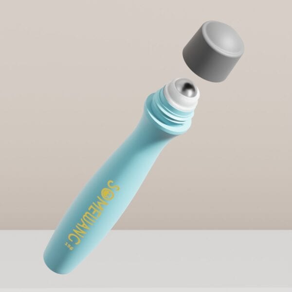 Botol roll-on krim mata biru 15ml dengan rollerball metalik dan tutup abu-abu, ideal untuk eksportir.