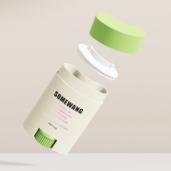 Cream 21g PP deodorant container with "SOMEWANG" label, green cap and white lid floating above to show parts.