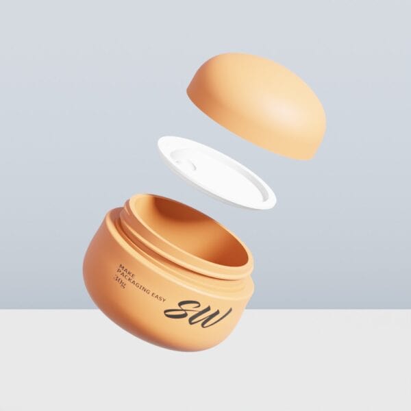 Tan 30g "BW" cream jar with floating lid and inner seal, shown against a plain background.