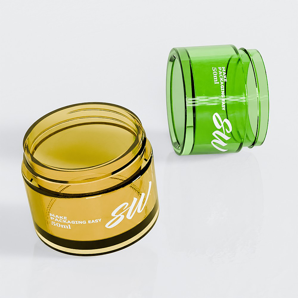 Two transparent PETG cream jars, amber and green, with white labels "SW" and "Make Packaging Easy 50ml," on a white background.