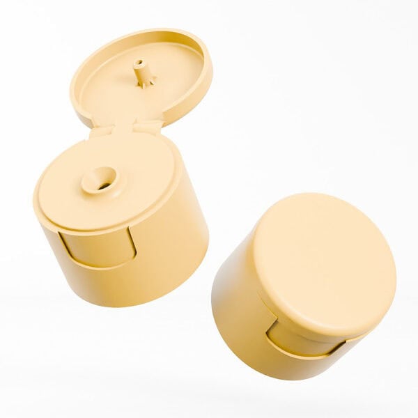 Two beige Standard Hot Sale PP 28mm Flip Top Caps for Body Milk, one open and one closed, on a plain white background.