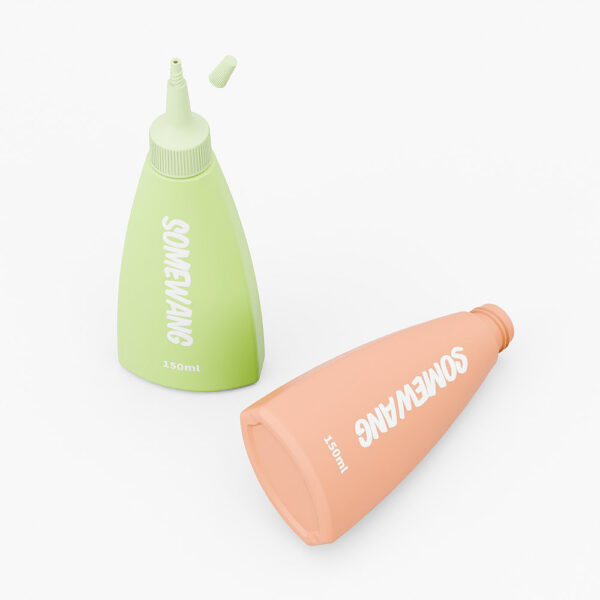 Two 150ml white HDPE bottles with twist-up caps, one green and one peach, labeled "SOMEYANG," rest on a white surface.