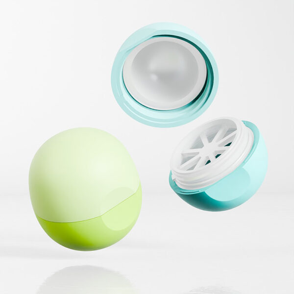 The SWC-CLI008A 8g lip balm, blue and green, has a removable lid and perforated center on a classy white background.