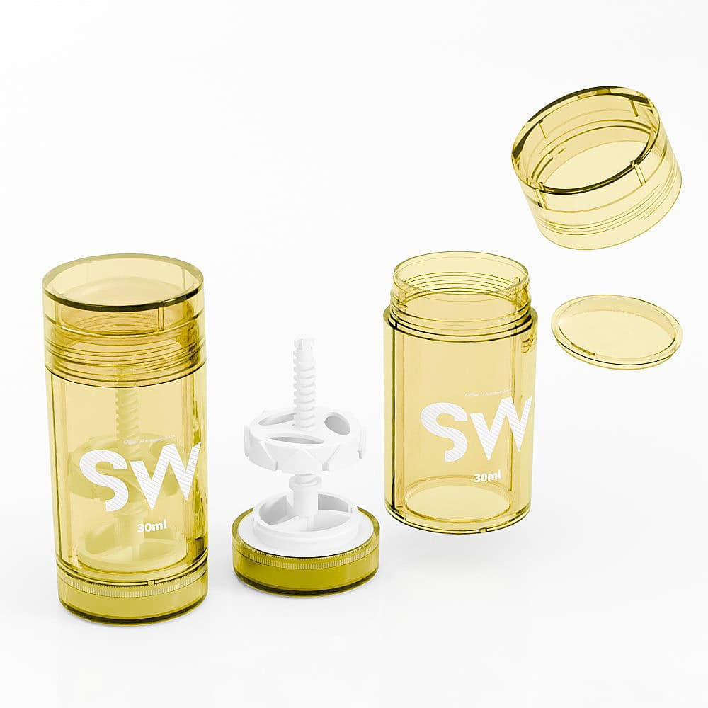 Three transparent yellow 30ml bottles with lids showcase a design for essential oil mini perfumes, labeled "SW" for your collection.