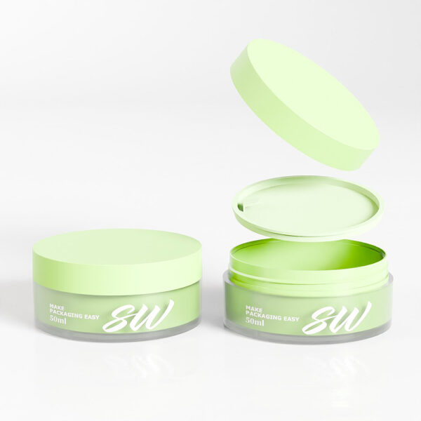 Two green AS-JP50AFE 50g PP jars labeled "SW," one closed, one open with the lid above, against a white background.