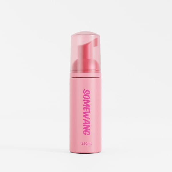 The "Somewang" pink HDPE foam cleanser bottle has a clear cap and holds 150 ml.