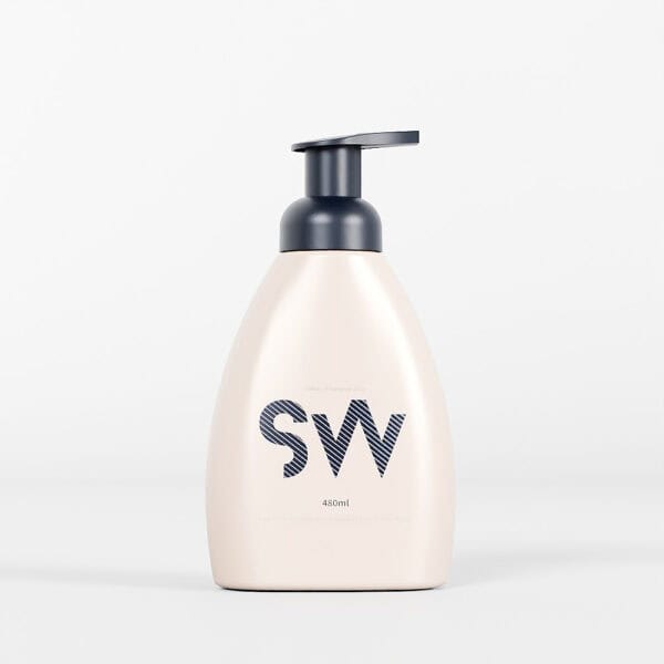 A plain background shows a white HDPE bottle labeled "SW" in bold with a black cap, containing 480ml.