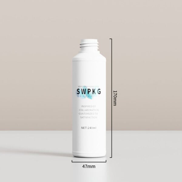240ml white PE plastic cylinder bottle, 170mm tall, 47mm diameter; stands upright on flat surfaces.
