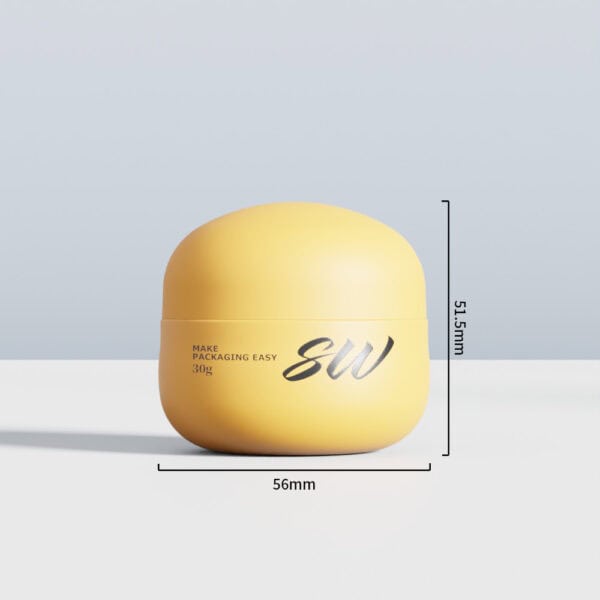 Yellow 30g round PP cream jar, "MAKE PACKAGING EASY SW 30g" print, 56mm wide x 51.5mm tall.