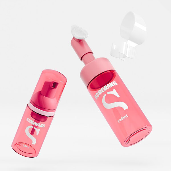 Two pink "SOMEWANG" bottles on a white background: a 30ml foam pump with brush applicator open, the other closed, showcasing chic minimalism.