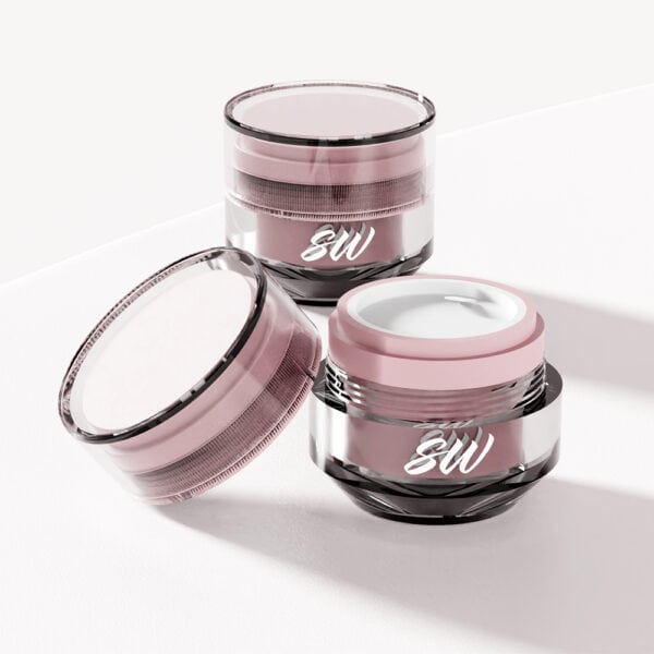 Two luxury refillable double wall acrylic face cream jars (50ml & 100ml) with pink SW logo lids on a white surface; one jar is open.