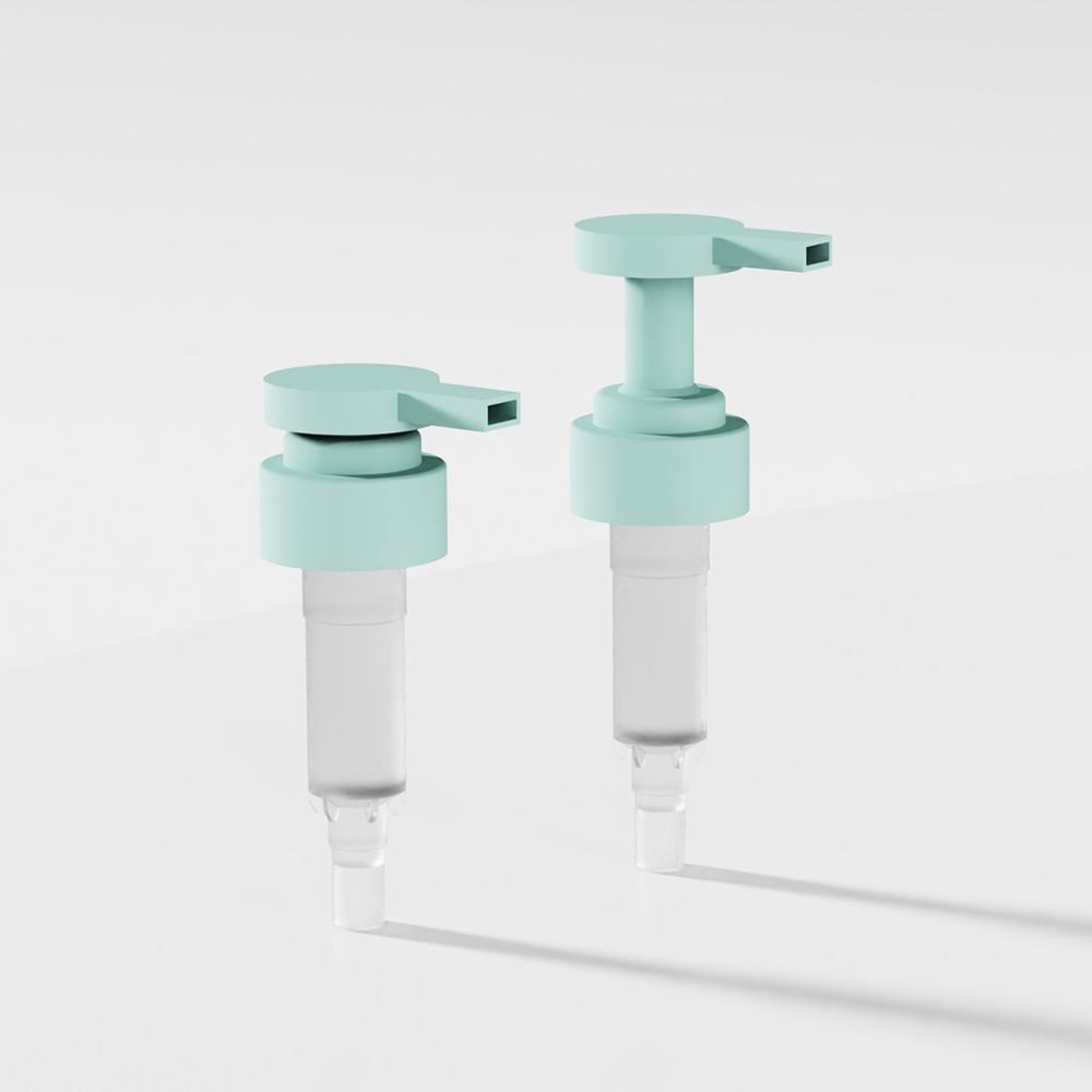 Two teal 32/410 frosted lotion pumps with transparent bases gracefully stand on a white surface, perfect for modern bathroom decor.