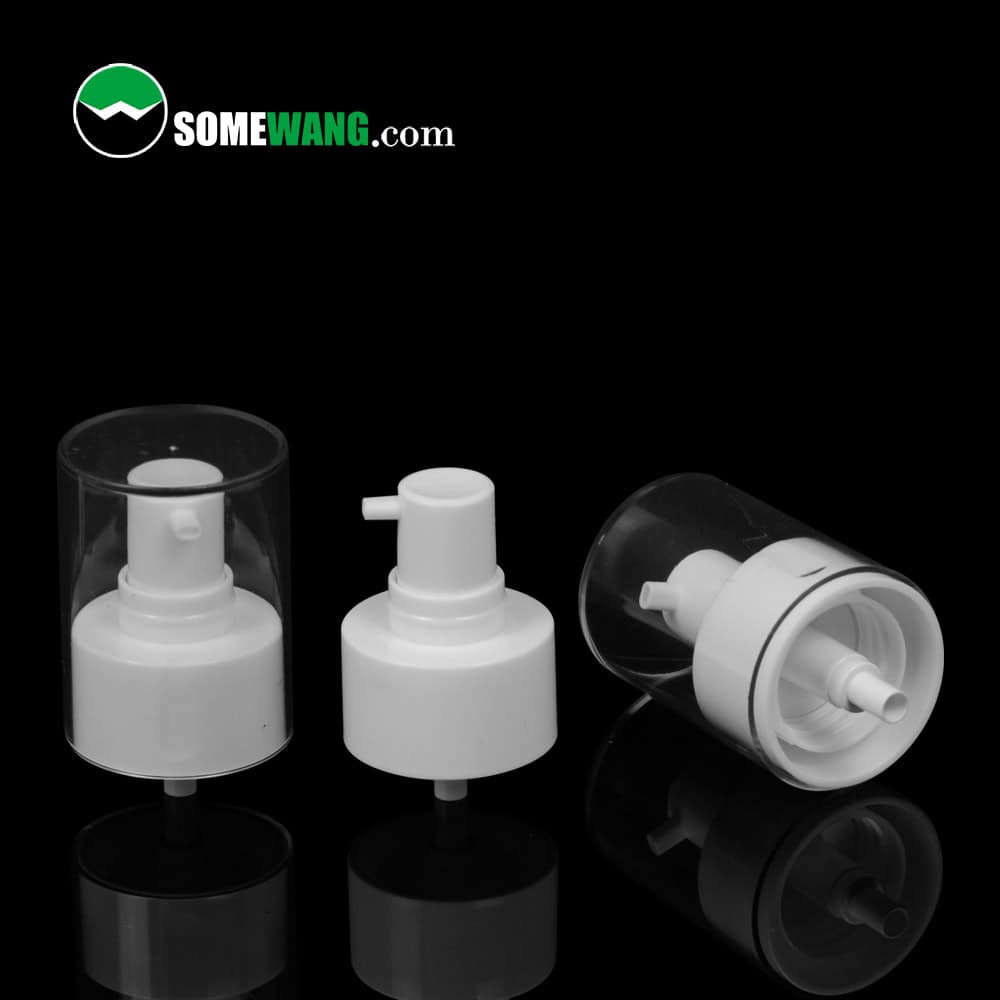 Three white 20mm-24mm double wall cosmetic liquid pumps are displayed against a black background, with the "SOMEWANG.com" logo.