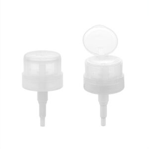 Against a white background, two 28MM liquid dispenser pumps for nail polish remover are shown: one with an open lid, the other closed.