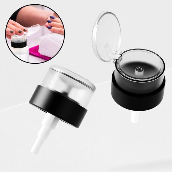 Zbliżenie na czarno-przezroczystą pompkę o średnicy 28 mm dozującą zmywacz do paznokci — idealny do manicure.