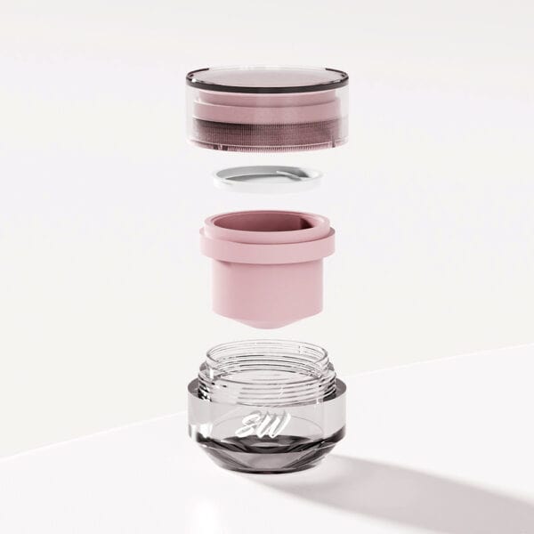 An exploded view of the Acrylic Cosmetic Jars: 50ml/100ml shows a clear lid, pink inner section, and transparent base.