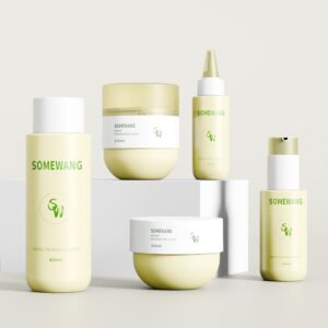 Five "SOMEWANG" skincare containers with beige, white, and green minimalist packaging are displayed on white blocks.