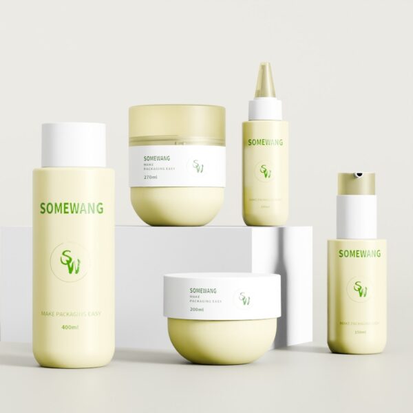 Five 400ml custom color round PET lotion bottle sets in various shapes sit on a neutral background with white blocks.