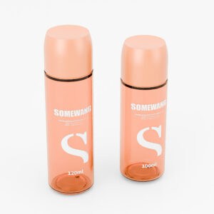 Auf einem weißen Hintergrund werden zwei orangefarbene PETG-Hautpflegeflaschen (120 ml und 100 ml Toner) angezeigt.