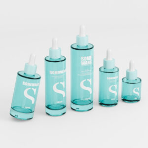 Five "SOMEWANG" 50ml turquoise glass droppers for skincare are stylishly arranged, merging elegance with function.