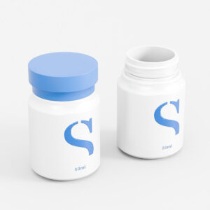 Two 80ml white PET medicine bottles, one open with a blue cap, both featuring a blue "S" for pharmaceutical packaging.