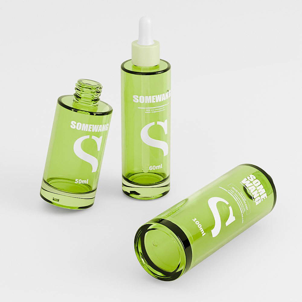 Three 50ml "SOMEWANG" oil dropper bottles, transparent and sleek, stand upright and tilted on a white surface.