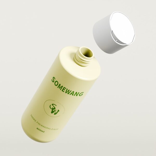 A 400ml clear PET lotion bottle labeled "SOMEWANG" has a custom color and an unattached white cap above its open neck.